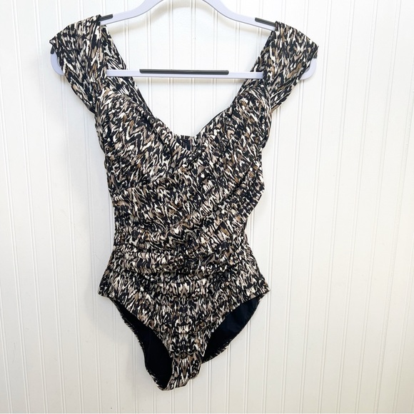 Badgley Mischka Black & Tan Ruched One Piece Swimsuit Women’s Size 8 - Picture 1 of 5